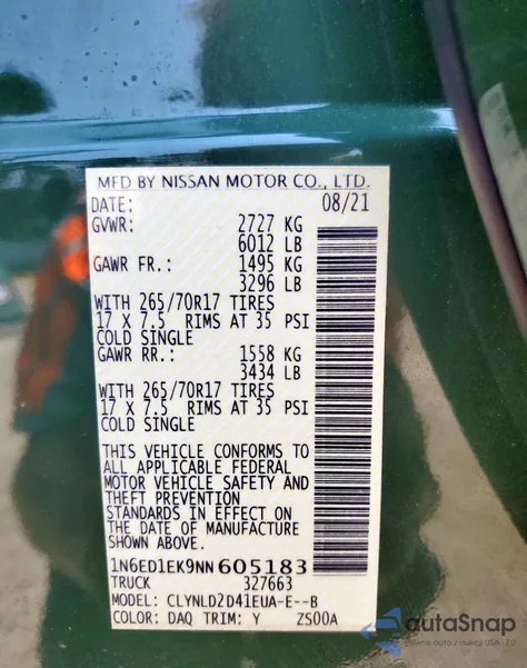 2022 Nissan Frontier S z USA, uszkodzony, nr VIN 1N6ED1EK9NN605183